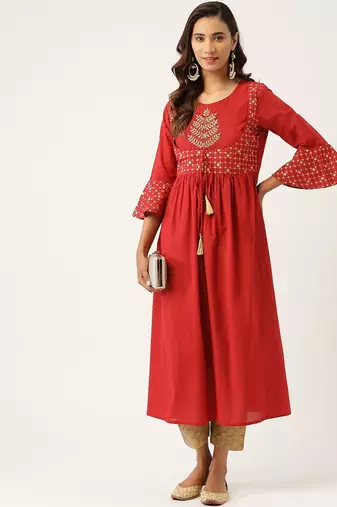 Women Red & Beige Zari Embroidered Kurta with Trousers