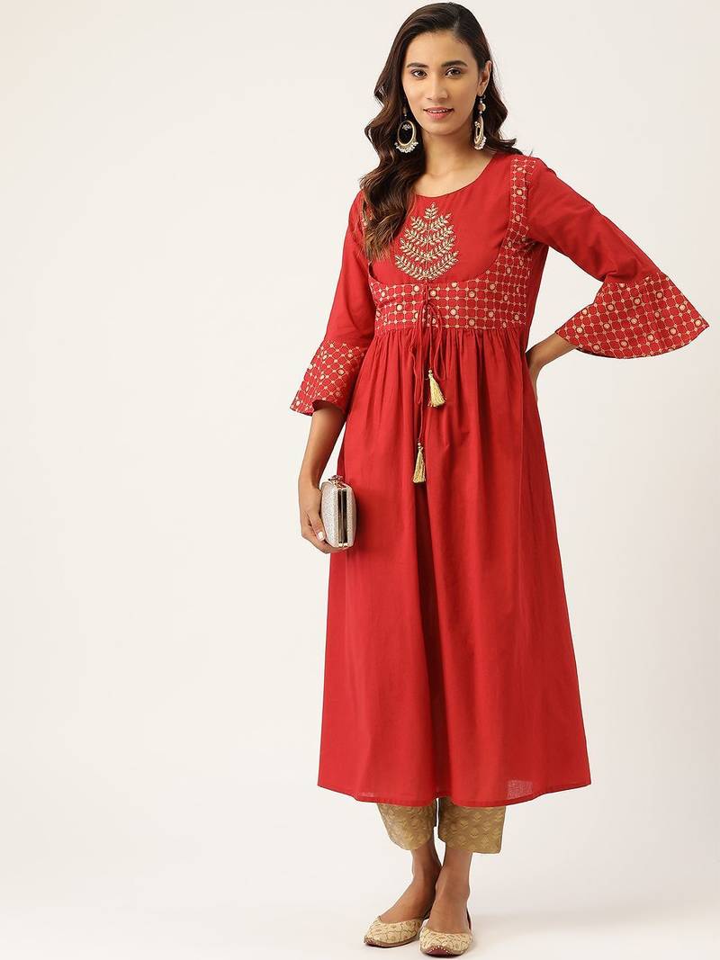 Women Red & Beige Zari Embroidered Kurta with Trousers