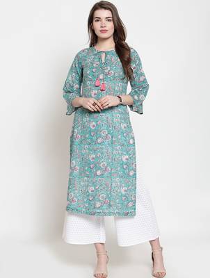 Women Green Printed Kurta with Palazzos 1