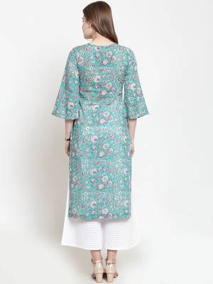 Women Green Printed Kurta with Palazzos 4