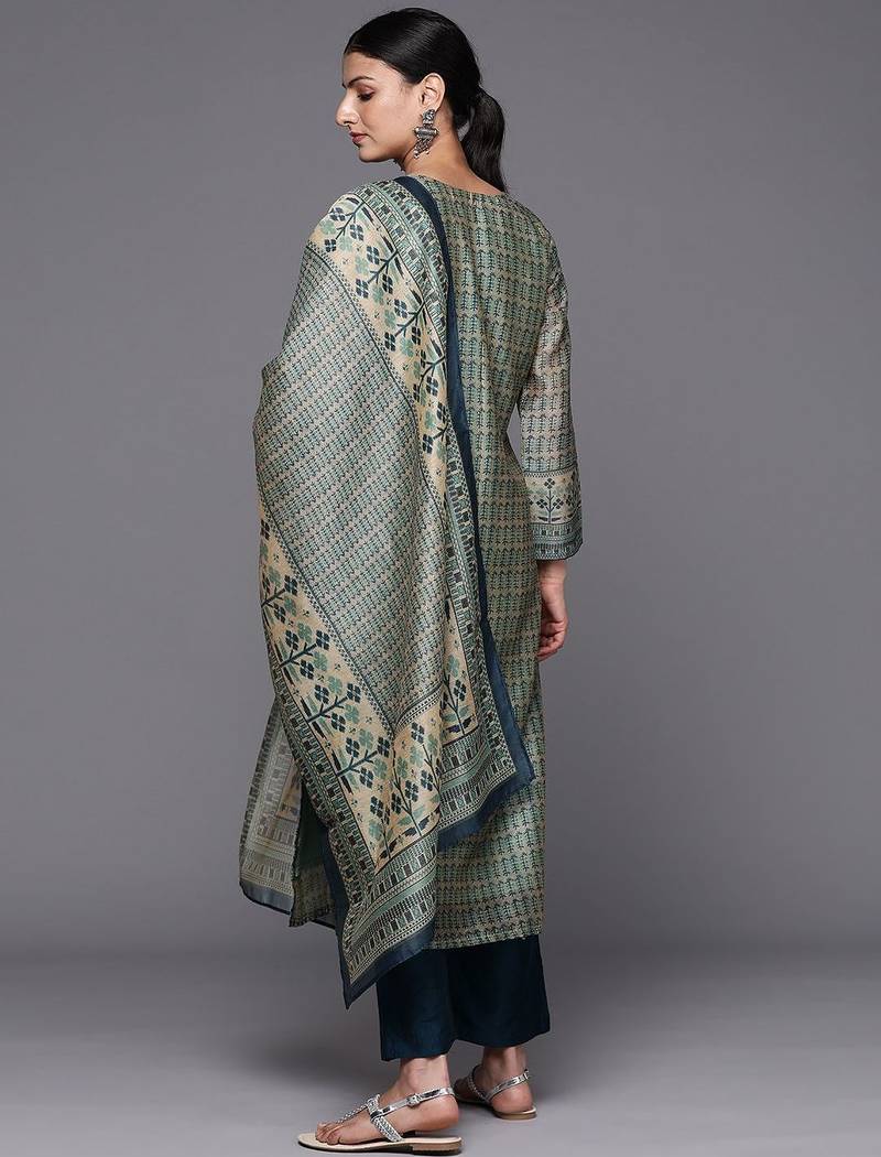 Ethnic Motifs Printed Chanderi Silk Kurta with Trousers & With Dupatta