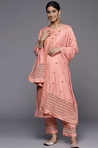 Women Peach-Coloured Ethnic Motifs Embroidered Kurta with Trousers & Dupatta