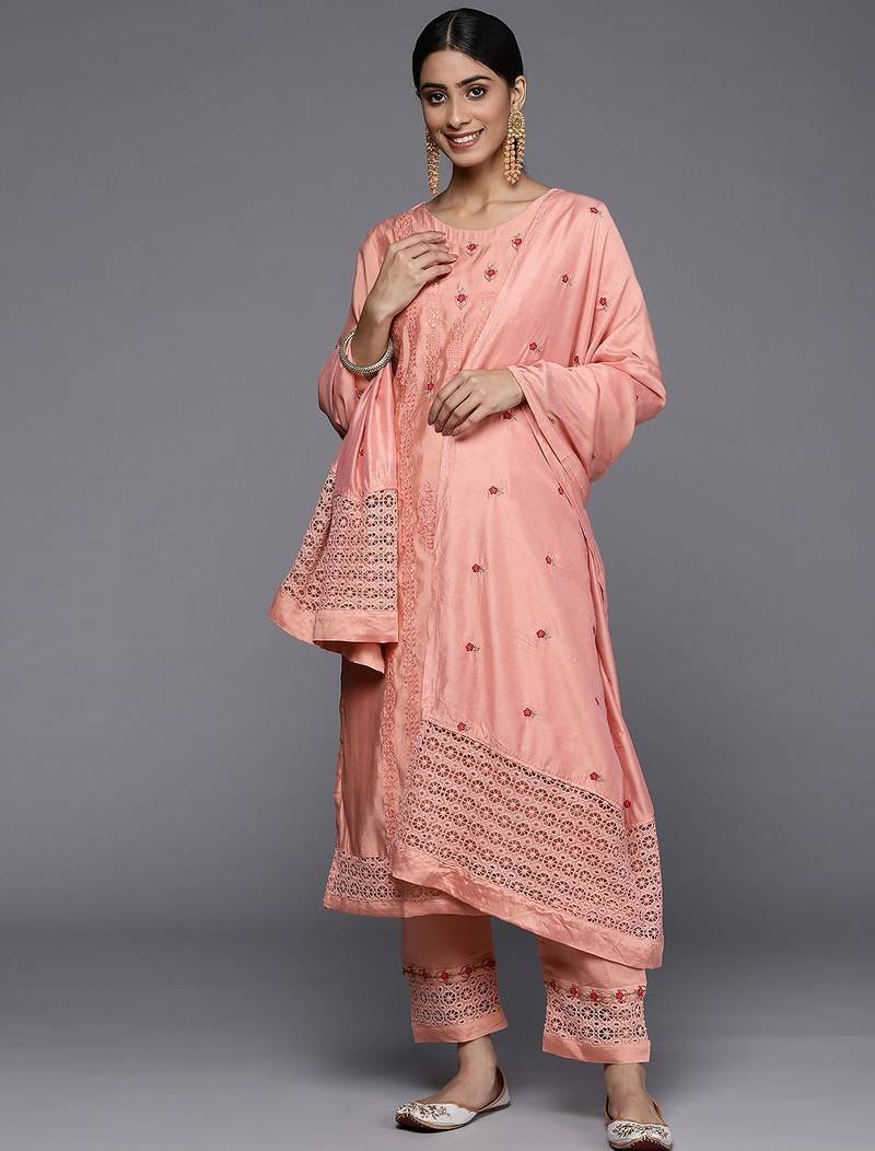 Women Peach-Coloured Ethnic Motifs Embroidered Kurta with Trousers & Dupatta