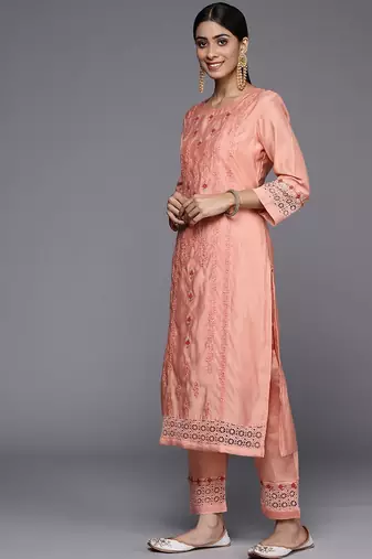 Women Peach-Coloured Ethnic Motifs Embroidered Kurta with Trousers & Dupatta