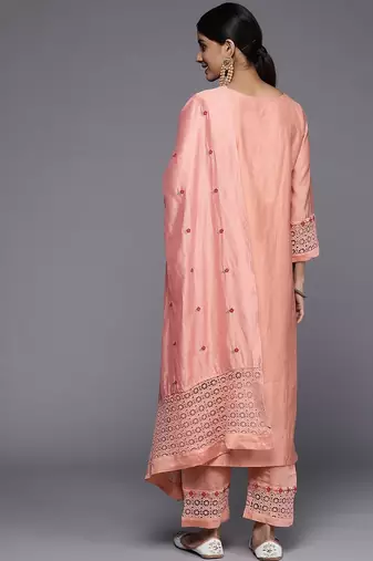 Women Peach-Coloured Ethnic Motifs Embroidered Kurta with Trousers & Dupatta