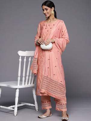 Women Peach-Coloured Ethnic Motifs Embroidered Kurta with Trousers & Dupatta 7
