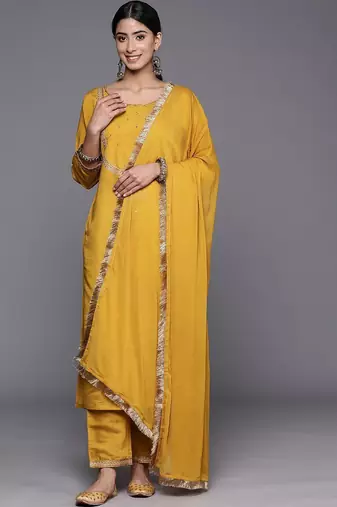 Ethnic Motifs Embroidered Regular Thread Work Kurta with Trousers & With Dupatta