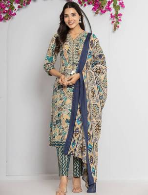 Women Abstract Printed Neck Embroidered Regular Kurta with Trouser & Dupatta 1