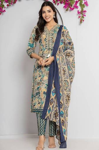 Women Abstract Printed Neck Embroidered Regular Kurta with Trouser & Dupatta