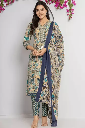 Women Abstract Printed Neck Embroidered Regular Kurta with Trouser & Dupatta