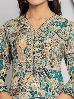 Women Abstract Printed Neck Embroidered Regular Kurta with Trouser & Dupatta 2