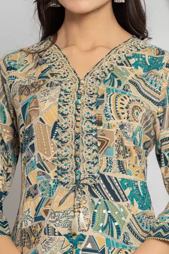 Women Abstract Printed Neck Embroidered Regular Kurta with Trouser & Dupatta