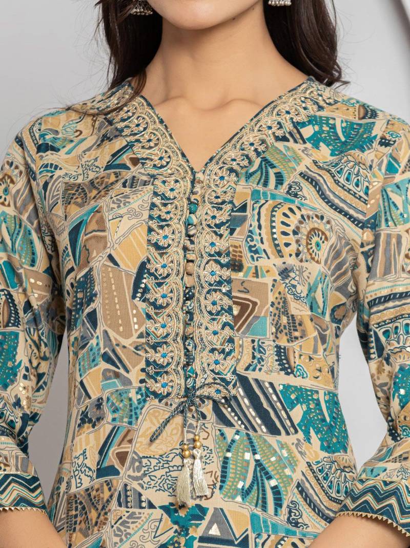 Women Abstract Printed Neck Embroidered Regular Kurta with Trouser & Dupatta