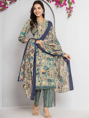 Women Abstract Printed Neck Embroidered Regular Kurta with Trouser & Dupatta 4