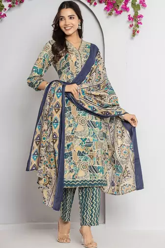 Women Abstract Printed Neck Embroidered Regular Kurta with Trouser & Dupatta