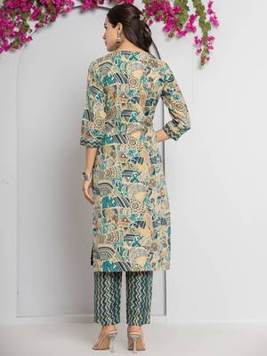 Women Abstract Printed Neck Embroidered Regular Kurta with Trouser & Dupatta 5