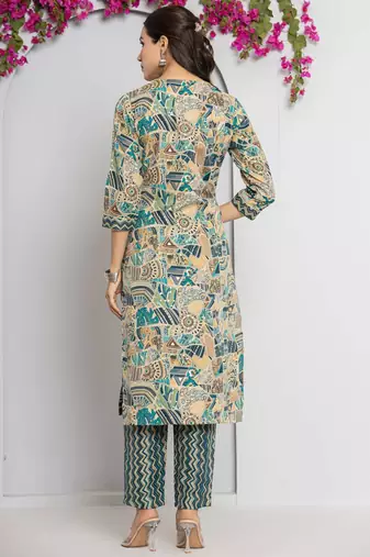 Women Abstract Printed Neck Embroidered Regular Kurta with Trouser & Dupatta