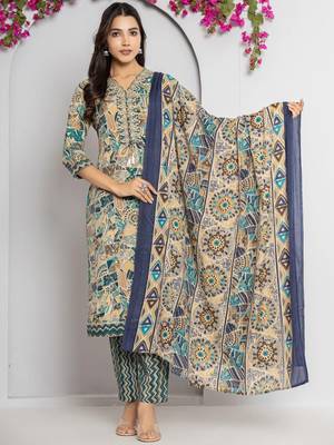 Women Abstract Printed Neck Embroidered Regular Kurta with Trouser & Dupatta 6
