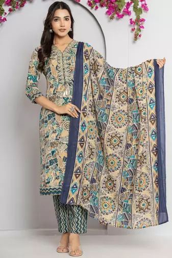 Women Abstract Printed Neck Embroidered Regular Kurta with Trouser & Dupatta