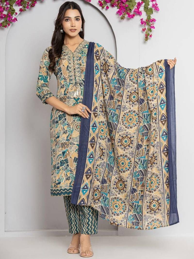 Women Abstract Printed Neck Embroidered Regular Kurta with Trouser & Dupatta