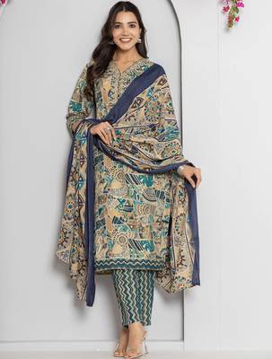 Women Abstract Printed Neck Embroidered Regular Kurta with Trouser & Dupatta 7