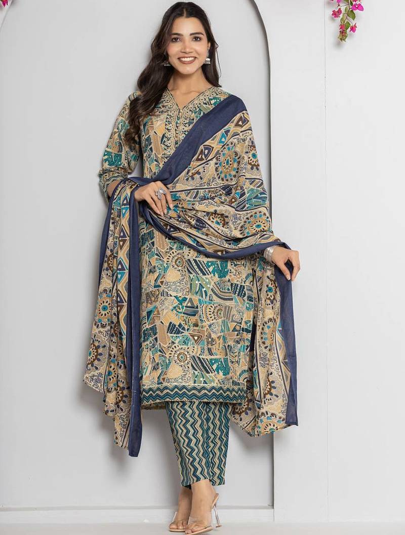 Women Abstract Printed Neck Embroidered Regular Kurta with Trouser & Dupatta