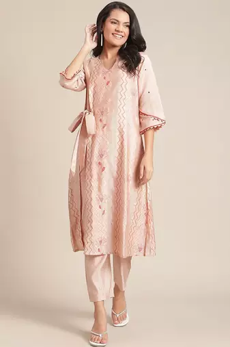 Women Peach-Coloured Printed Regular Kurta with Trousers