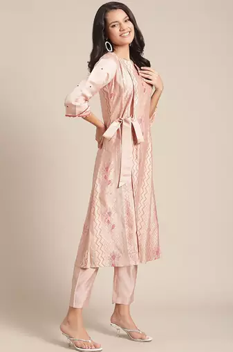 Women Peach-Coloured Printed Regular Kurta with Trousers