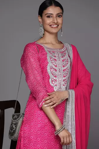 Women Floral Yoke Design Bandhani Kurta with Trousers & Dupatta