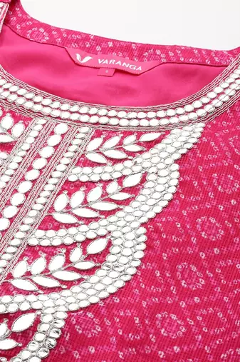 Women Floral Yoke Design Bandhani Kurta with Trousers & Dupatta