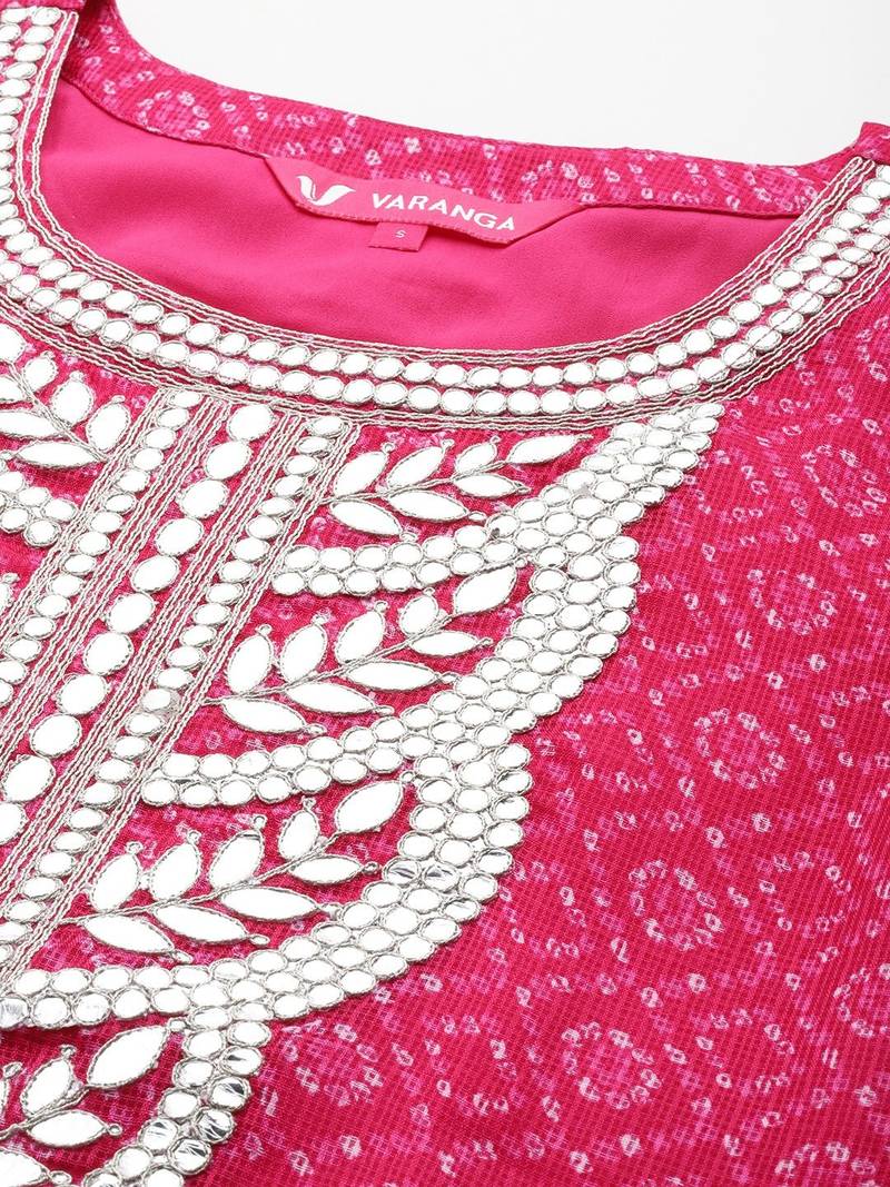 Women Floral Yoke Design Bandhani Kurta with Trousers & Dupatta