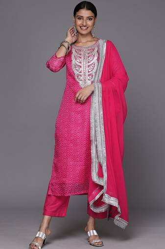 Women Floral Yoke Design Bandhani Kurta with Trousers & Dupatta