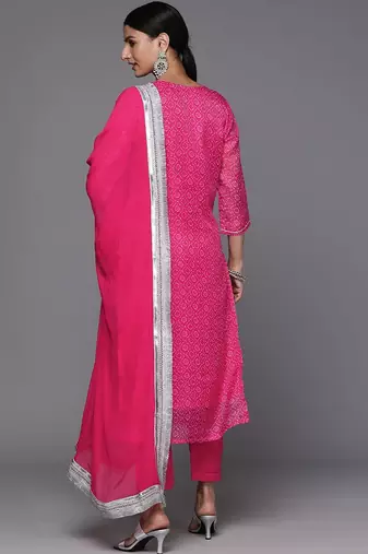 Women Floral Yoke Design Bandhani Kurta with Trousers & Dupatta