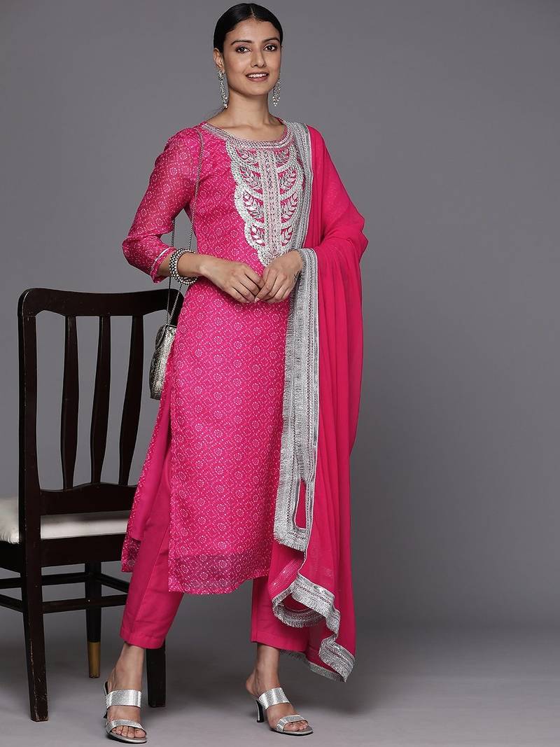 Women Floral Yoke Design Bandhani Kurta with Trousers & Dupatta