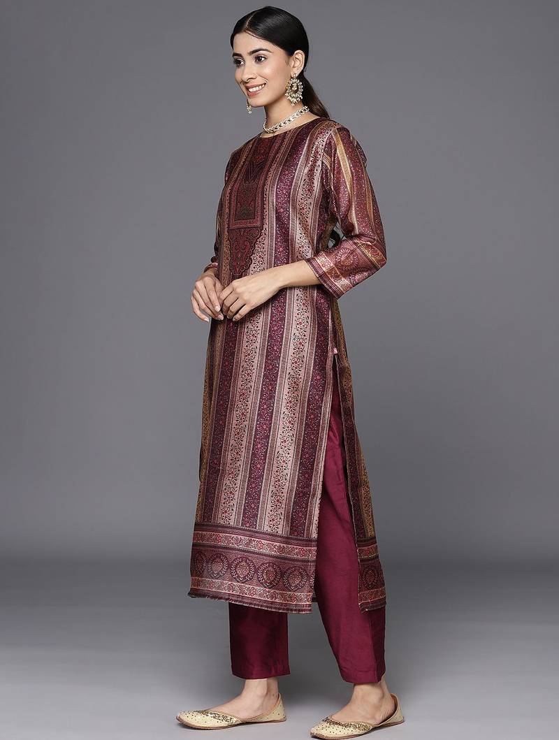 Ethnic Motifs Printed Chanderi Silk Kurta With Trousers & Dupatta