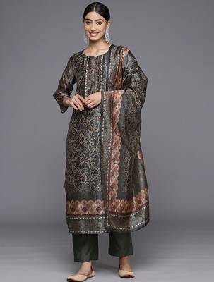 Ethnic Motifs Printed Sequinned Chanderi Silk Kurta with Trousers & With Dupatta 1