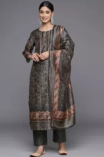 Ethnic Motifs Printed Sequinned Chanderi Silk Kurta with Trousers & With Dupatta