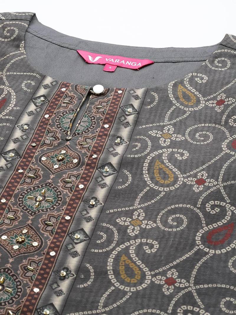 Ethnic Motifs Printed Sequinned Chanderi Silk Kurta with Trousers & With Dupatta