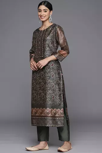 Ethnic Motifs Printed Sequinned Chanderi Silk Kurta with Trousers & With Dupatta