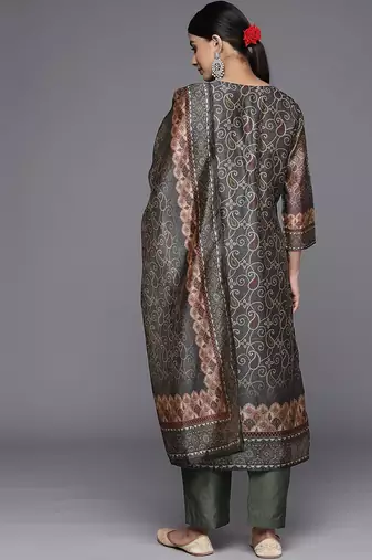 Ethnic Motifs Printed Sequinned Chanderi Silk Kurta with Trousers & With Dupatta