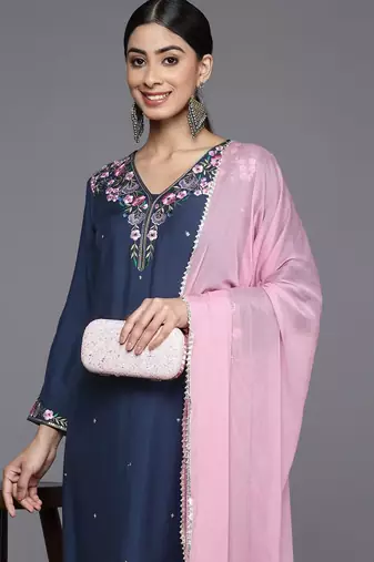 Floral Yoke Design Regular Sequinned Kurta with Trousers & With Dupatta