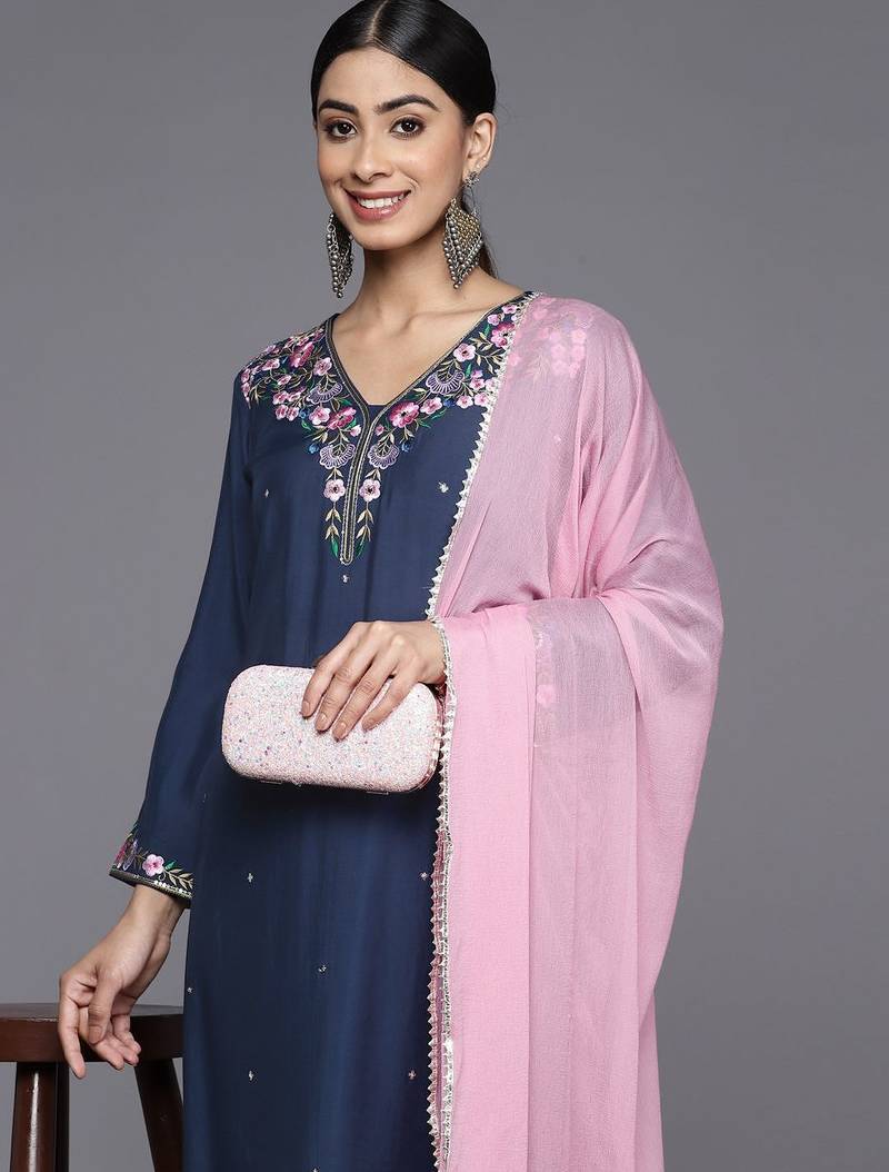 Floral Yoke Design Regular Sequinned Kurta with Trousers & With Dupatta
