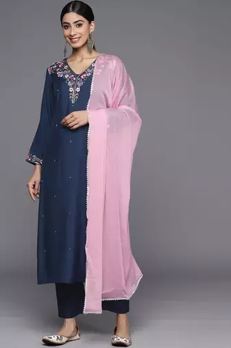 Floral Yoke Design Regular Sequinned Kurta with Trousers & With Dupatta