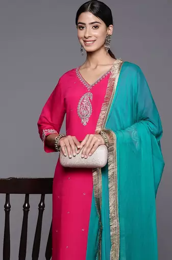 Embroidered Regular Kurta with Trousers & With Dupatta