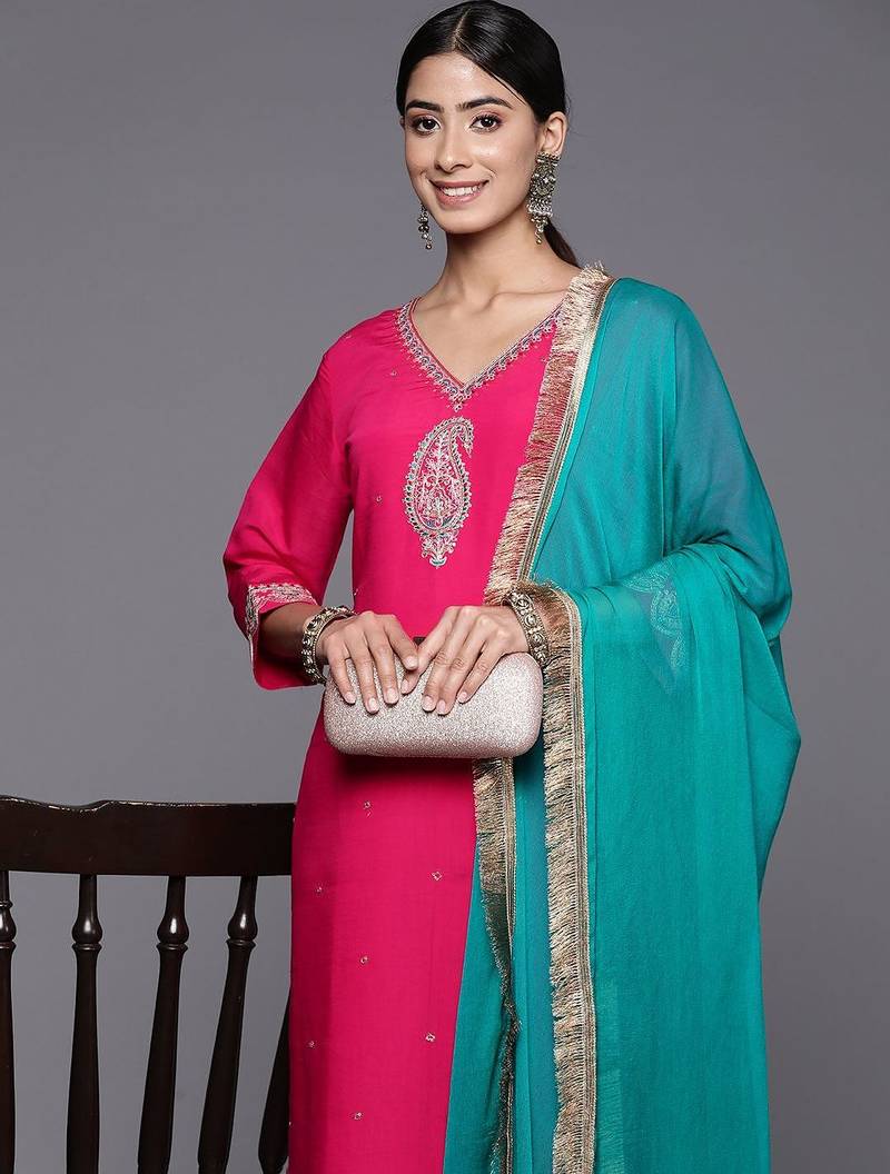Embroidered Regular Kurta with Trousers & With Dupatta