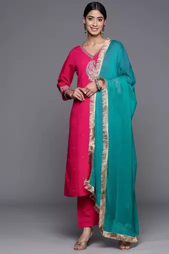 Embroidered Regular Kurta with Trousers & With Dupatta