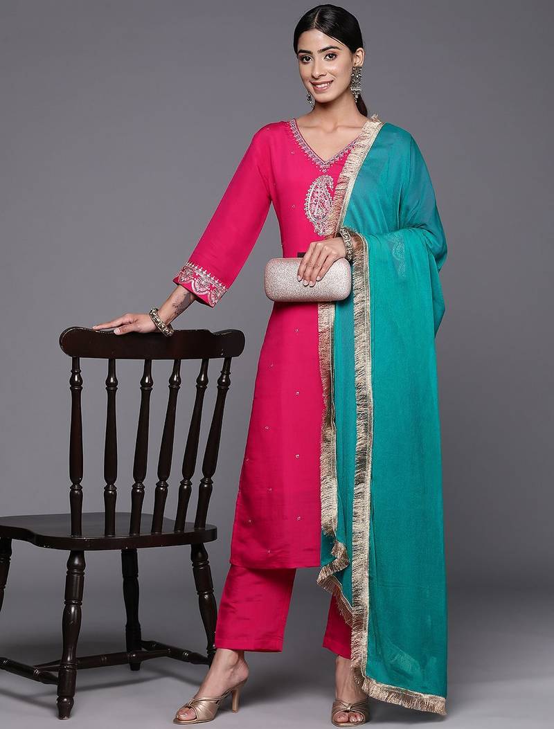 Embroidered Regular Kurta with Trousers & With Dupatta