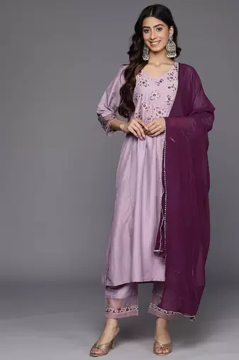 Embroidered Empire Sequinned Kurta With Trousers & Dupatta