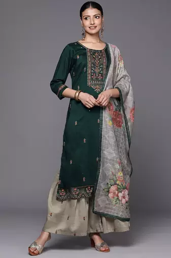 Floral Yoke Design Thread Work Kurta with Sharara & With Dupatta