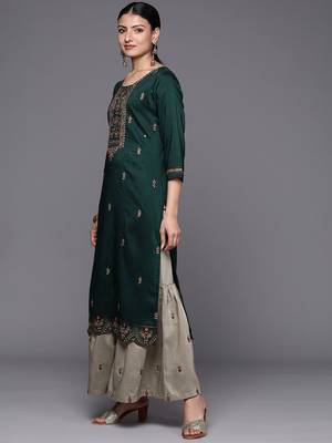Floral Yoke Design Thread Work Kurta with Sharara & With Dupatta 5